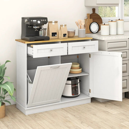 Kitchen tilt-out trash cabinet with 2 drawers, white base and wood countertop, DirectDeals on Tampa Home & Garden Store