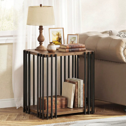 Rubber wood side table with walnut top, black metal frame, 2-tier storage on Tampa Home & Garden Store