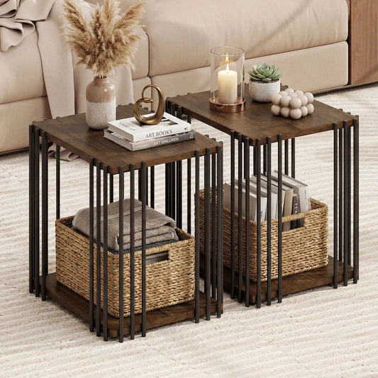 Walnut rubber wood end tables set of 2 with two-tier storage shelves and black metal frame on Tampa Home & Garden Store