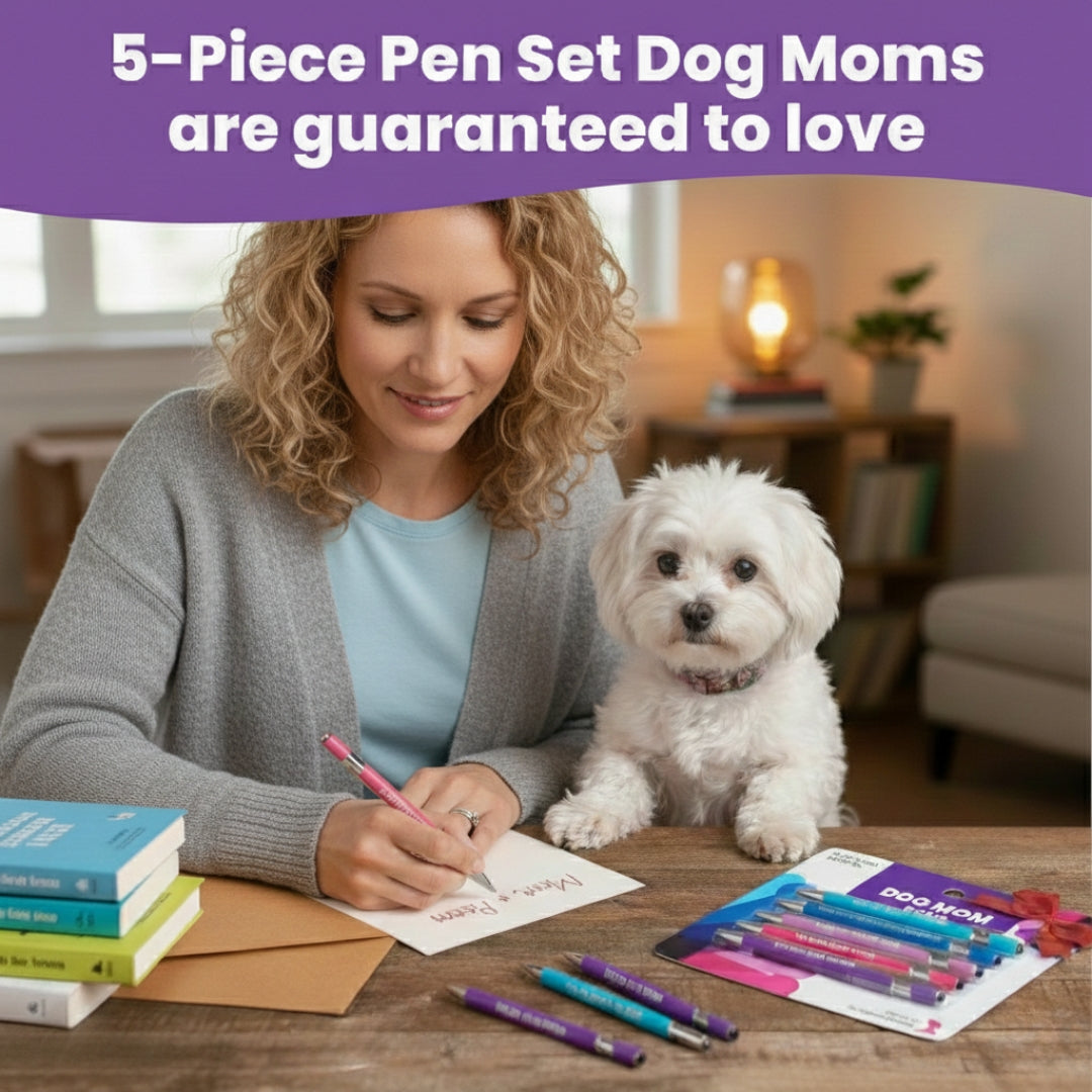 Rubyloo 5-piece dog-themed pen set Dog Lover & Dog Mom, colorful pens with a dog and owner on Tampa Home & Garden Store