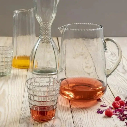 Elegant Hand Blown Ruffle Glass Pitcher by White Cliff Studio, clear glass with a ruffled edge on Tampa Home & Garden Store