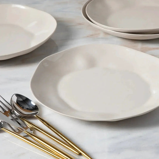 Rugueux Dinner Plate in Pearl by White Cliff Studio, pearl stoneware plates set on Tampa Home & Garden Store