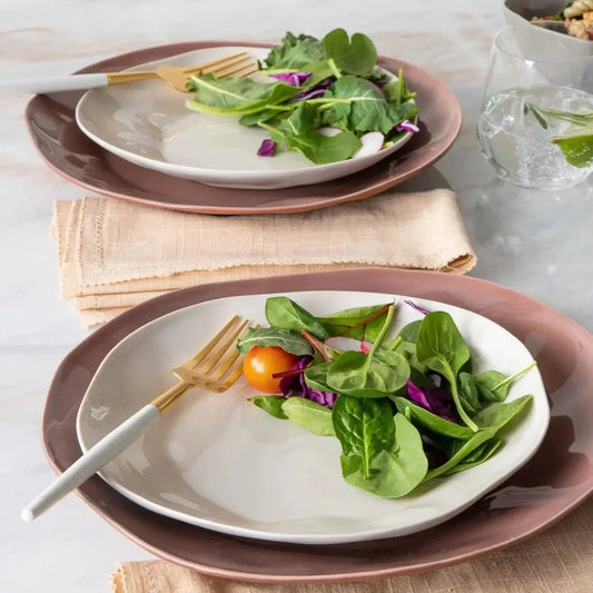 Rugueux Stoneware Side Plate Pearl, White Cliff Studio; 2 pink pearl plates with greens on Tampa Home & Garden Store