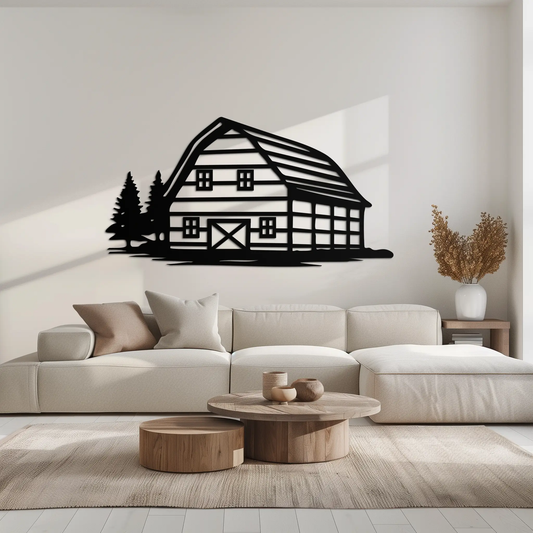 Rustic Barn and Pine Trees metal wall art black silhouette by Enova Art on Tampa Home & Garden Store