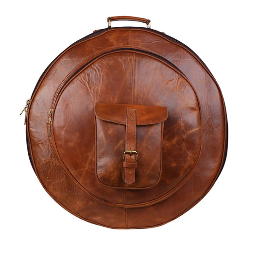 Rustic Buffalo Cymbal Case Backpack, brown distressed leather with brass zippers on Tampa Home & Garden Store