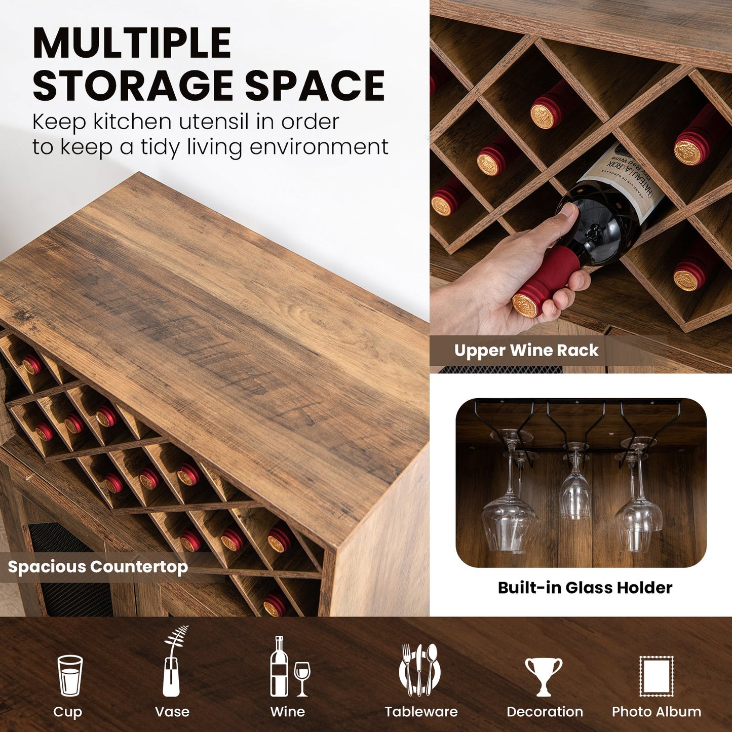 Mueble Bar de Almacenamiento de Cocina de Granja de 2 Puertas con Botellero y Portacopas - Marrón Rústico