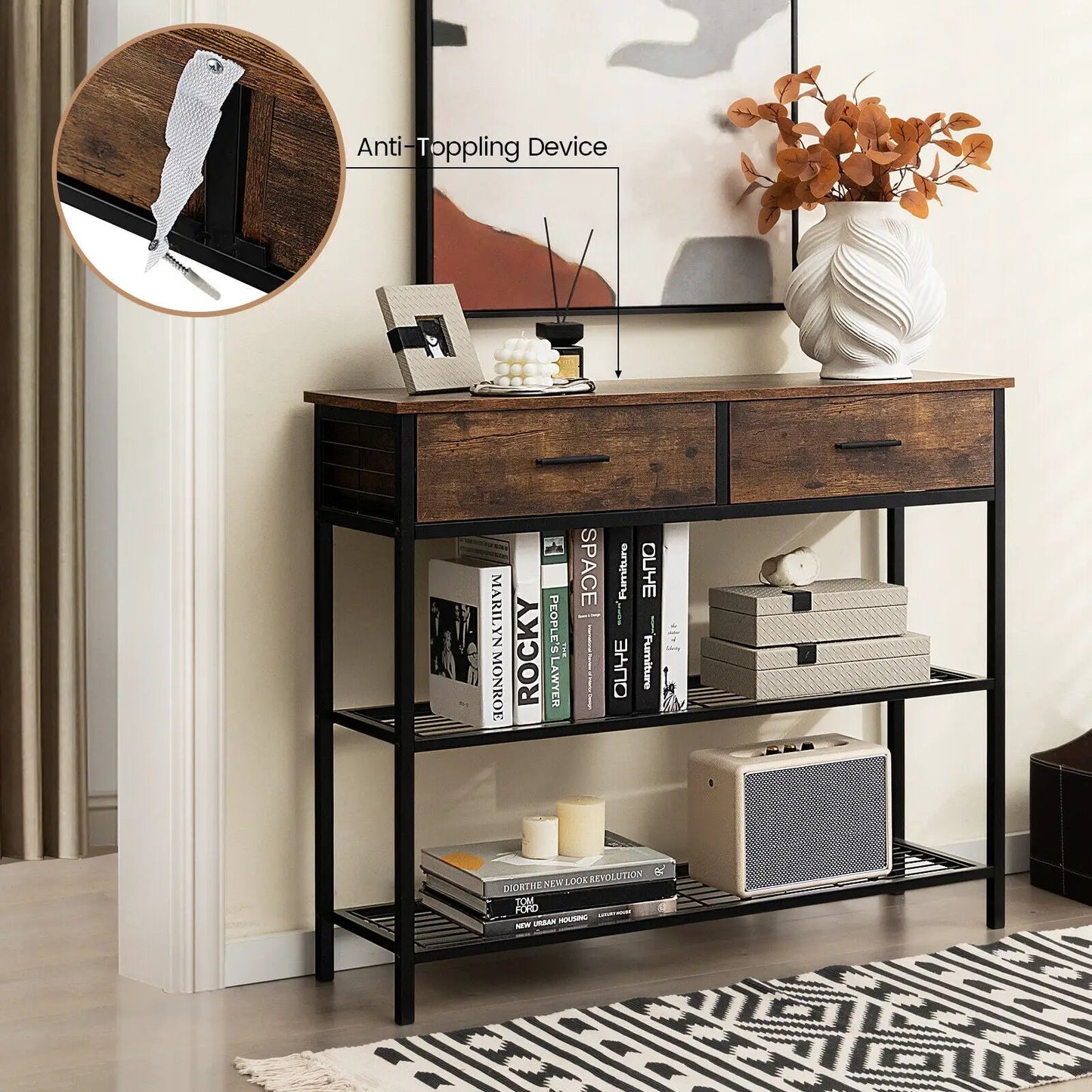 DirectDeals console table with 2 drawers and 2-tier shelves in dark brown wood and black metal on Tampa Home & Garden Store