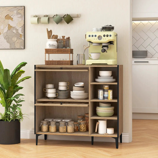 Shoe cabinet with flip-up see-through doors, oak finish, open shelves with dishes and jars on Tampa Home & Garden Store