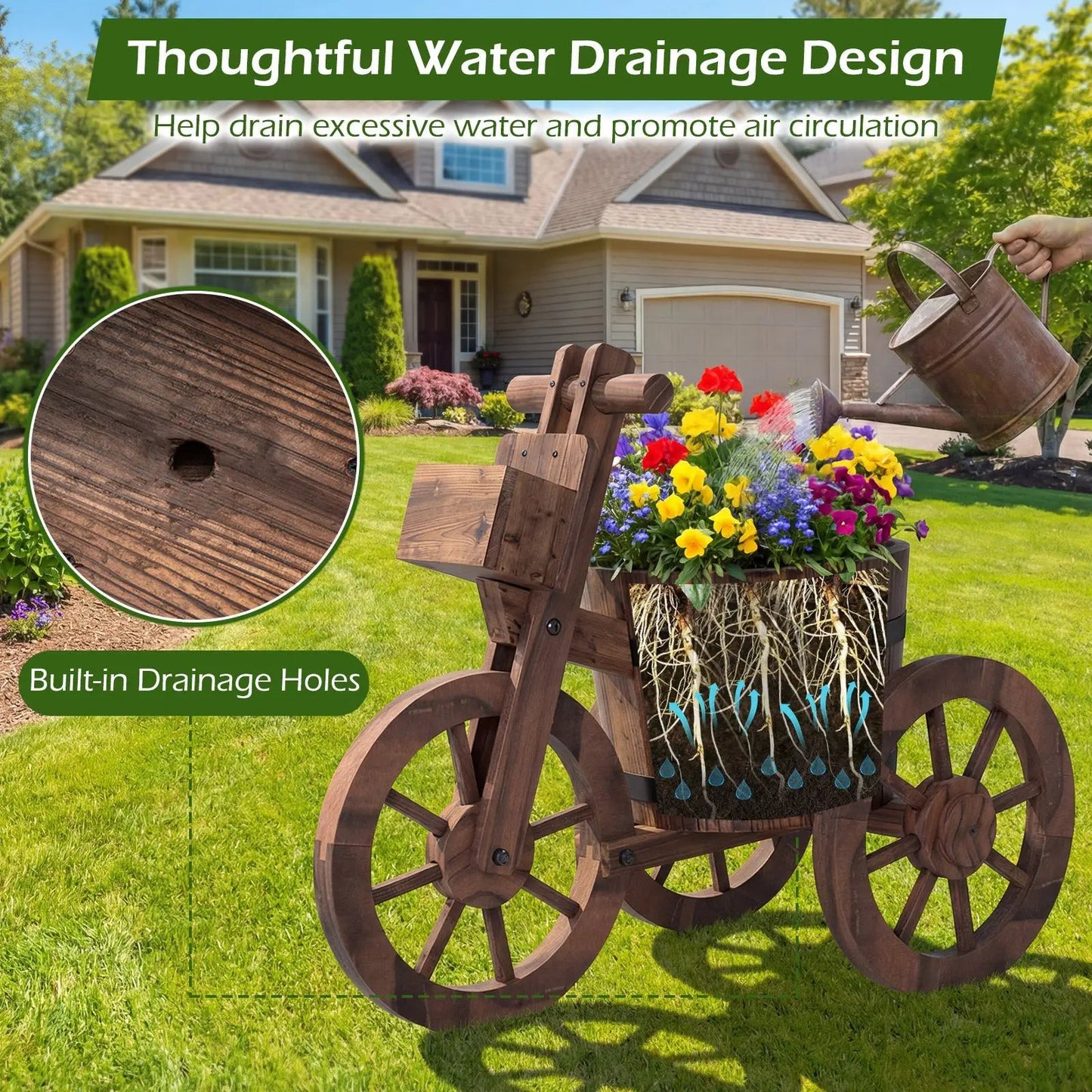 Rustic wood tricycle planter with wheels in brown finish, storage box and drainage holes on Tampa Home & Garden Store