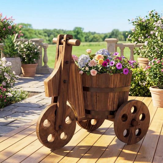 Rustic wooden tricycle planter cart with drainage hole, filled with colorful flowers on Tampa Home & Garden Store