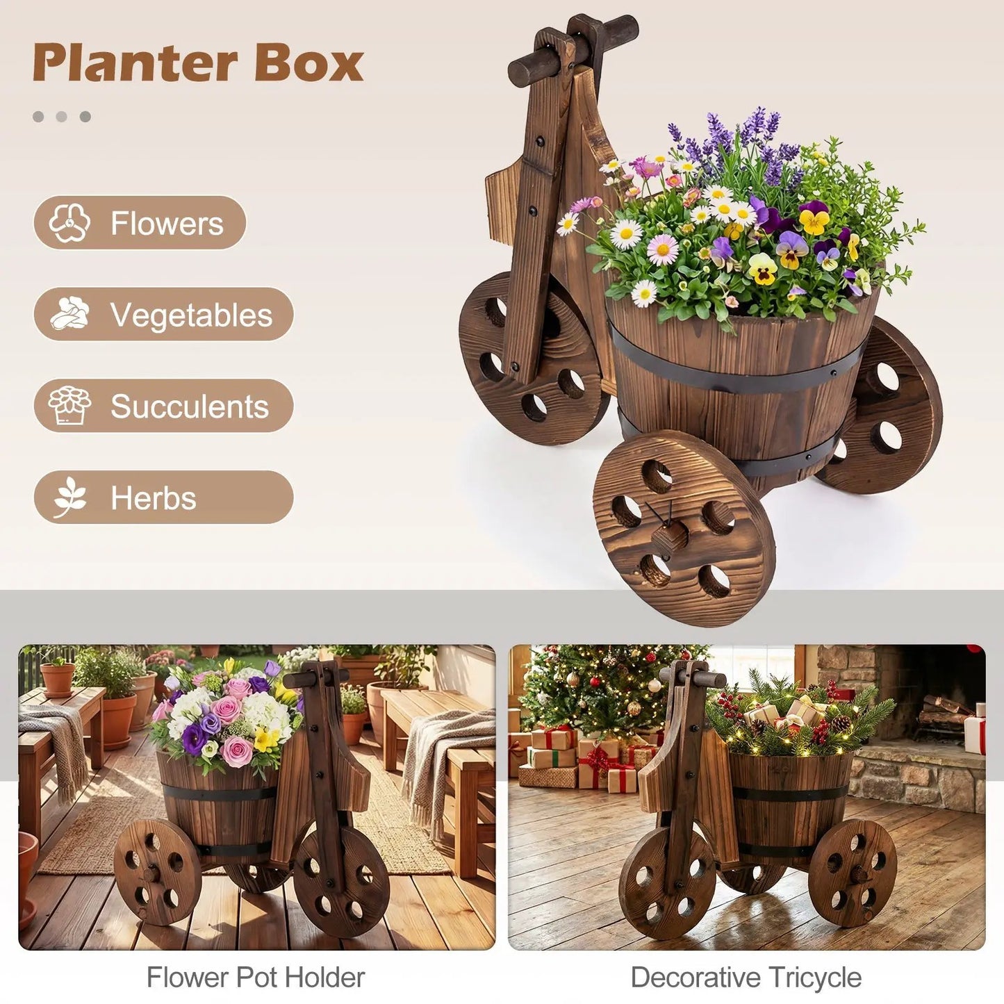 Rustic wood tricycle planter cart with barrel planter and drainage filled with colorful flowers on Tampa Home & Garden Store