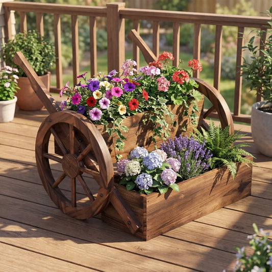 Rustic wagon planter 2-tier raised bed with colorful petunias and hydrangeas on wooden deck on Tampa Home & Garden Store