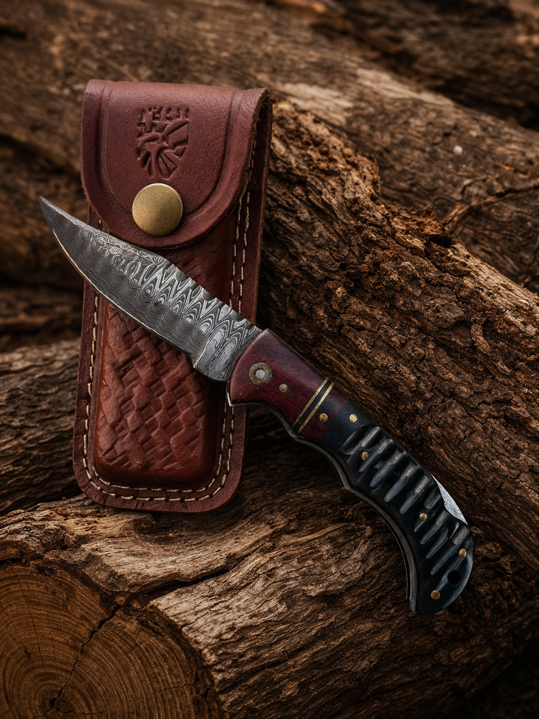 Titan Ironclaw Folding Knife TF-081 damascus blade burgundy/black handle leather sheath on Tampa Home & Garden Store