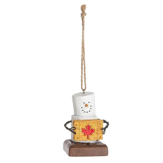 S'Mores Geographic Ornament Canada Map snowman holding a yellow maple-leaf crate on a brown base on Tampa Home & Garden Store