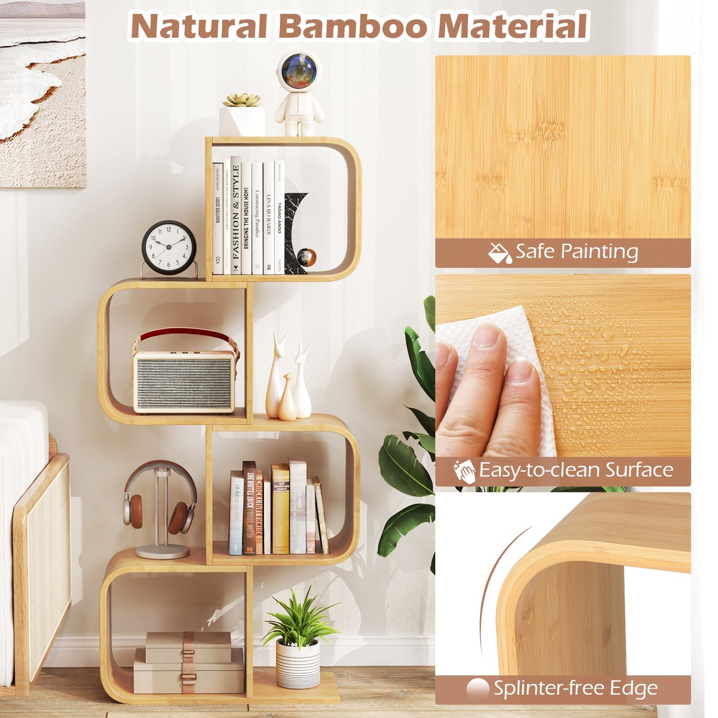 4-tier S-shaped bamboo bookcase with 4 open cubes in natural finish by DirectDeals for corner shelves on Tampa Home & Garden Store