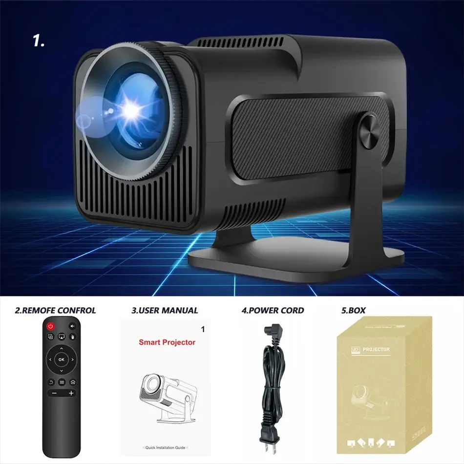 2025 4K Android 11 Projector with 1080P, black, includes remote, manual, power cord, box on Tampa Home & Garden Store