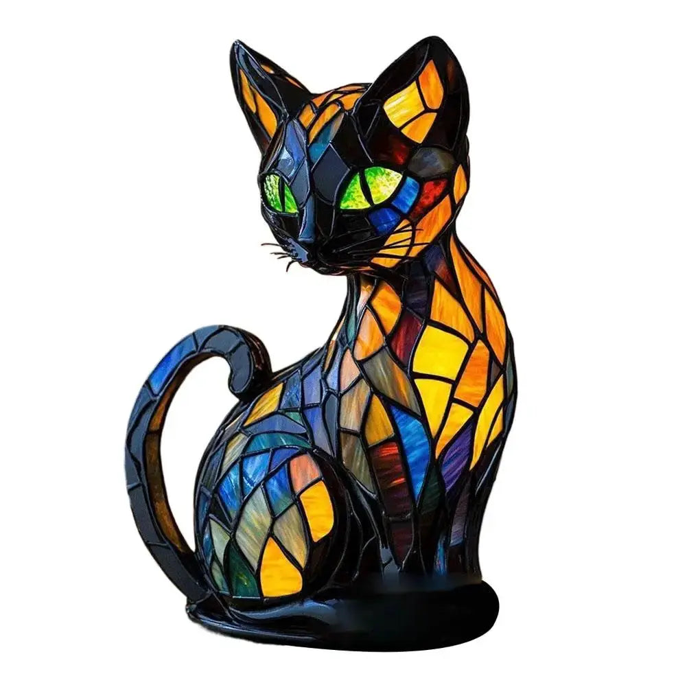 3D Retro Magic Stained Glass Cat Nightstand Lamp by Moktan Sabai, multicolor LED mosaic cat sculpture on Tampa Home & Garden Store