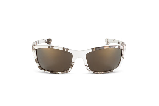 Scout Mossy Oak Winter sunglasses by Skeleton Optics, camo frame with brown lenses, pair on Tampa Home & Garden Store