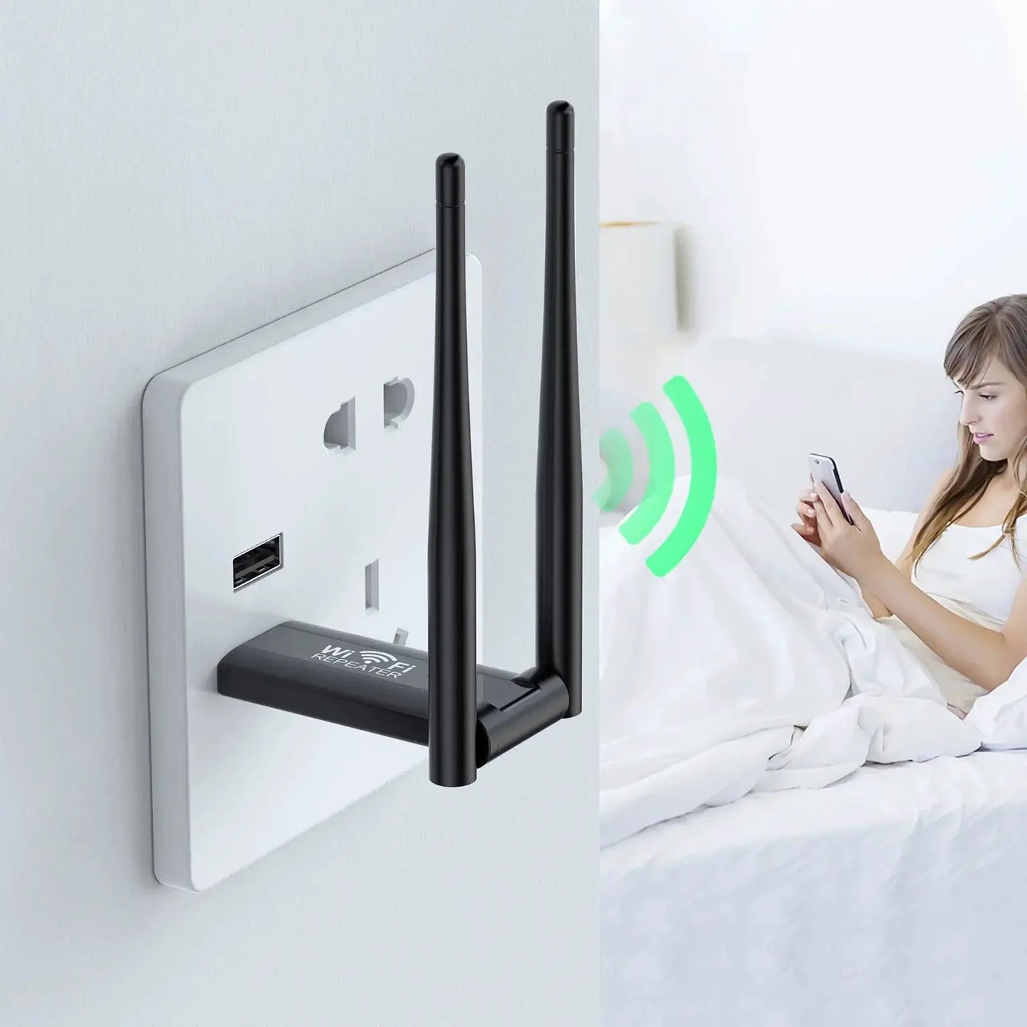 WiFi Extender 300Mbps USB Signal Booster with dual antennas on wall outlet on Tampa Home & Garden Store