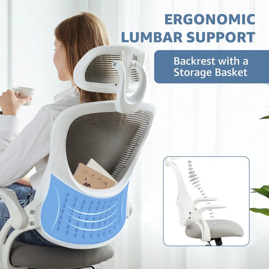Mesh Ergonomic Office Chair with flip-up arms and headrest, white frame, blue back Moktan Sabai on Tampa Home & Garden Store