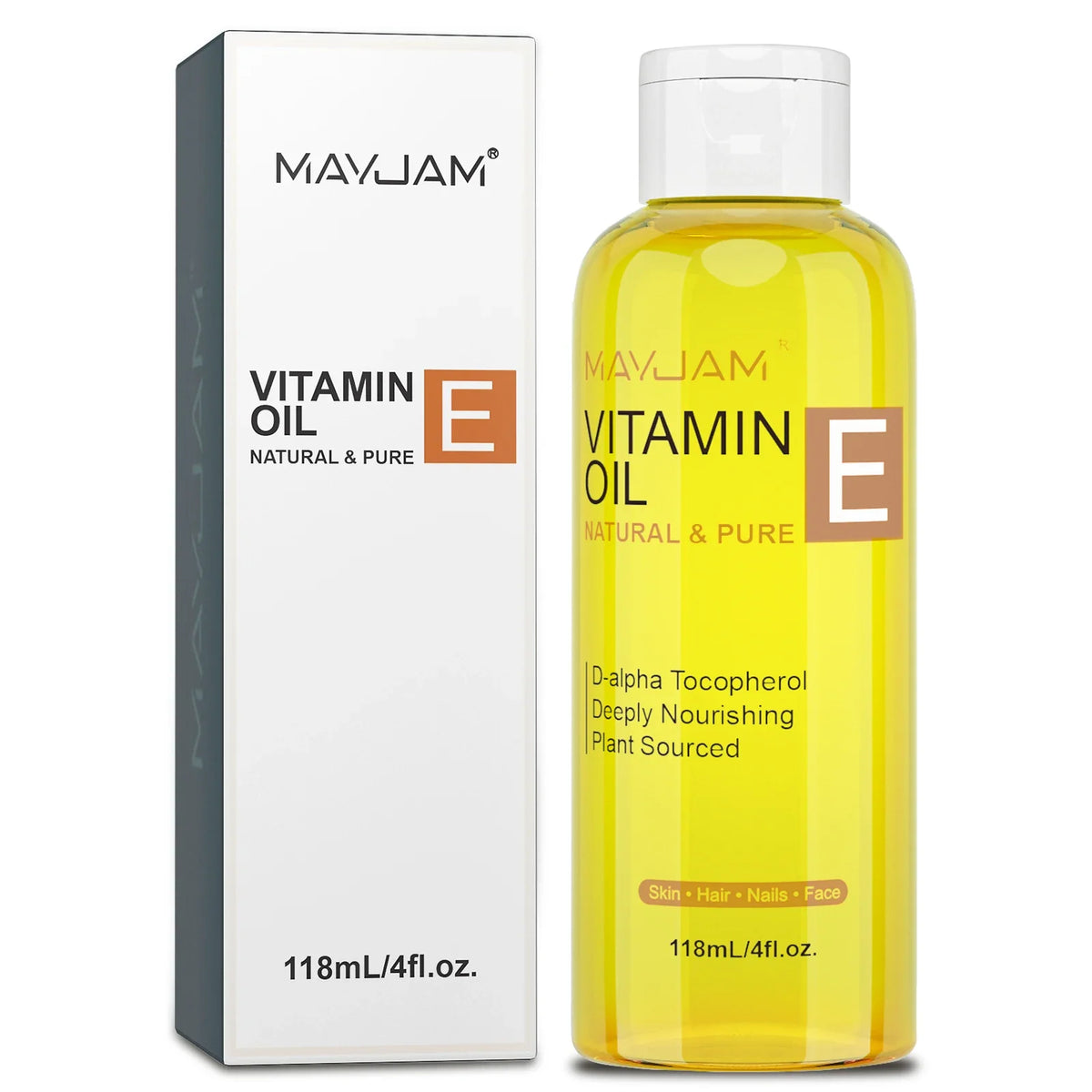 MAYJAM Vitamin E Oil set: white box and yellow bottle with orange E logo, 118ml on Tampa Home & Garden Store