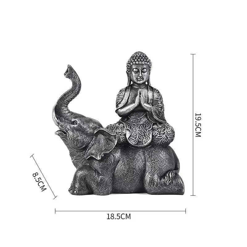 Elephant Buddha resin statue with meditating figure atop a grey elephant, Perfecsy decor on Tampa Home & Garden Store