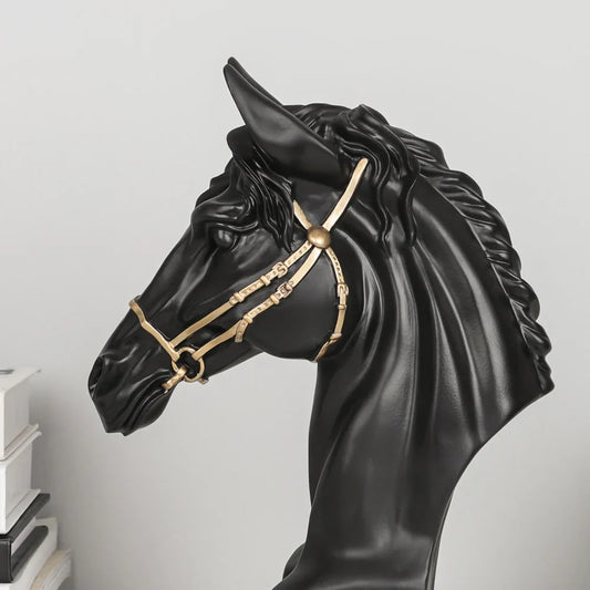 Perfecsy black galloping horse head resin sculpture with gold bridle, modern abstract decor on Tampa Home & Garden Store