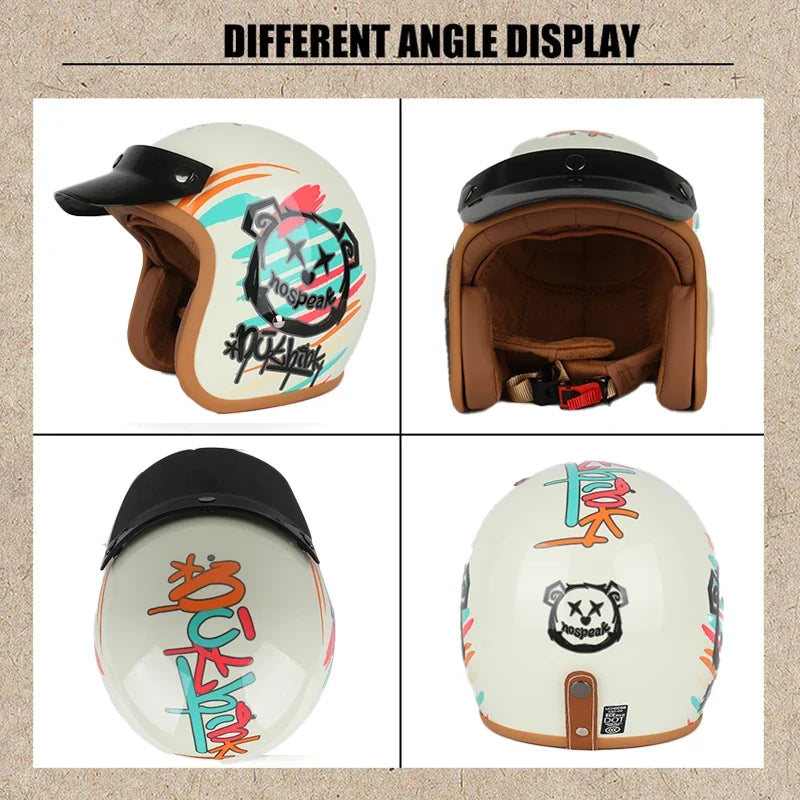 NOSPEAK open-face helmet by BikerZoneZ with white shell and graffiti art; goggles included on Tampa Home & Garden Store