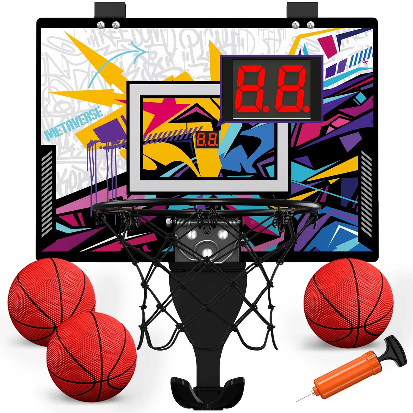 Kids mini basketball hoop with electronic scoreboard on colorful backboard four red basketballs on Tampa Home & Garden Store