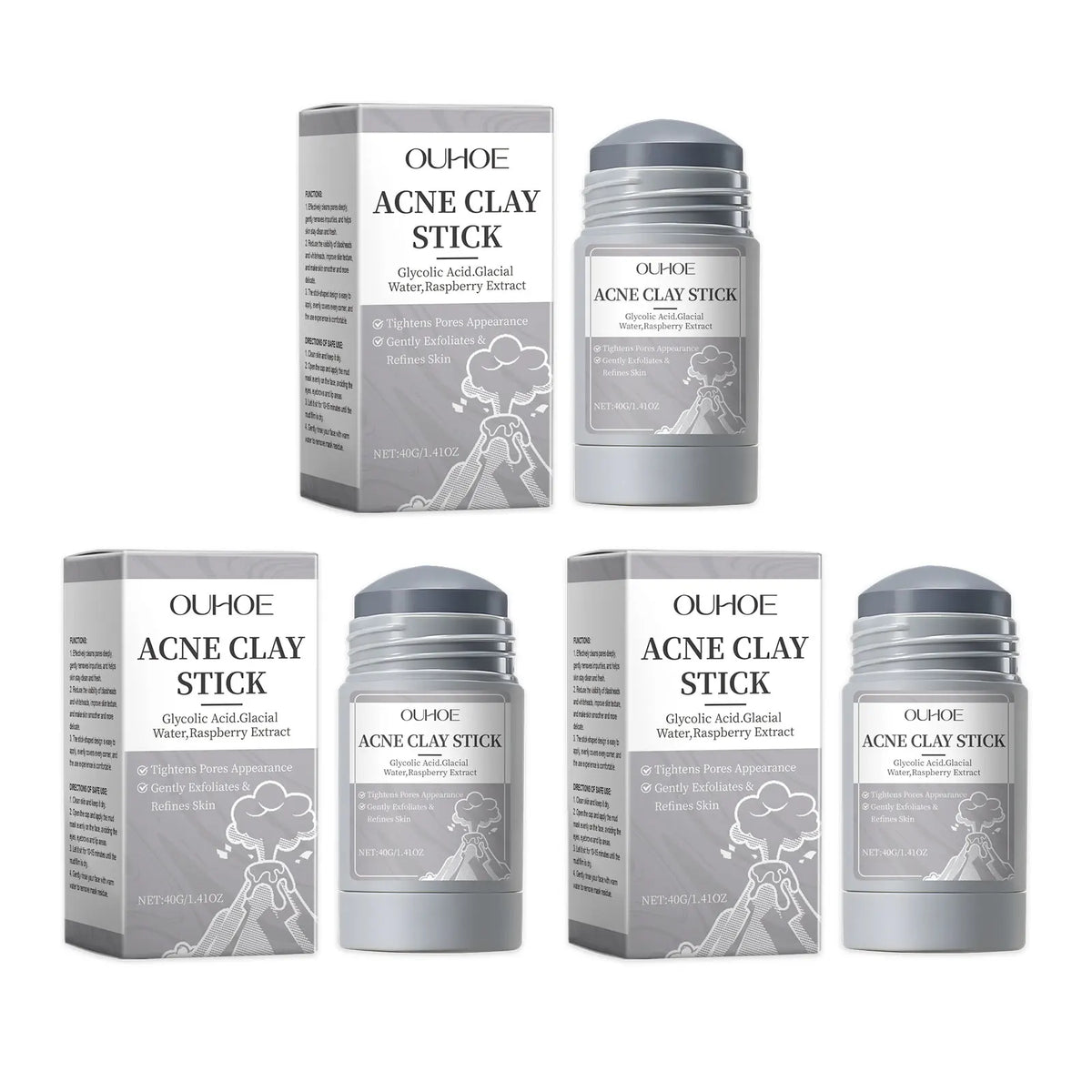 Acne clay stick of 8 OUHOE units in gray packaging with glycolic acid & raspberry extract on Tampa Home & Garden Store