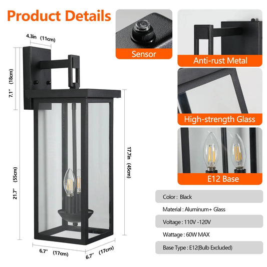 22 inch black outdoor wall lantern with dusk-to-dawn sensor, glass panels, E12 base on Tampa Home & Garden Store
