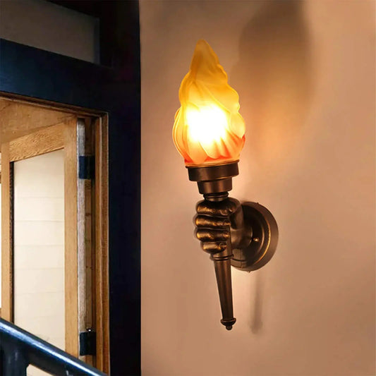 Rustic Outdoor Wall Lights with LED Flame Lamps bronze finish amber flame glass Moktan Sabai on Tampa Home & Garden Store