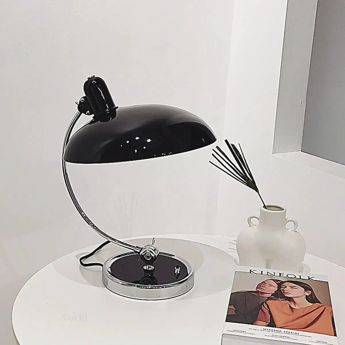 Danish vintage swing-arm desk lamp with clamp mount, black dome shade and chrome arm on Tampa Home & Garden Store