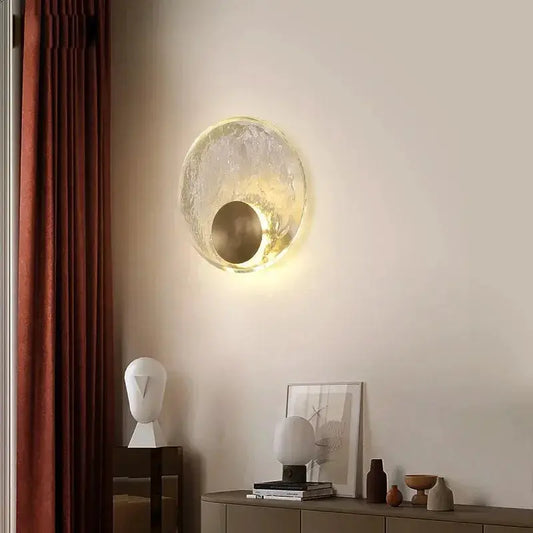 Luxury copper crystal wall lamp by Moktan Sabai, glass disc, warm glow on Tampa Home & Garden Store