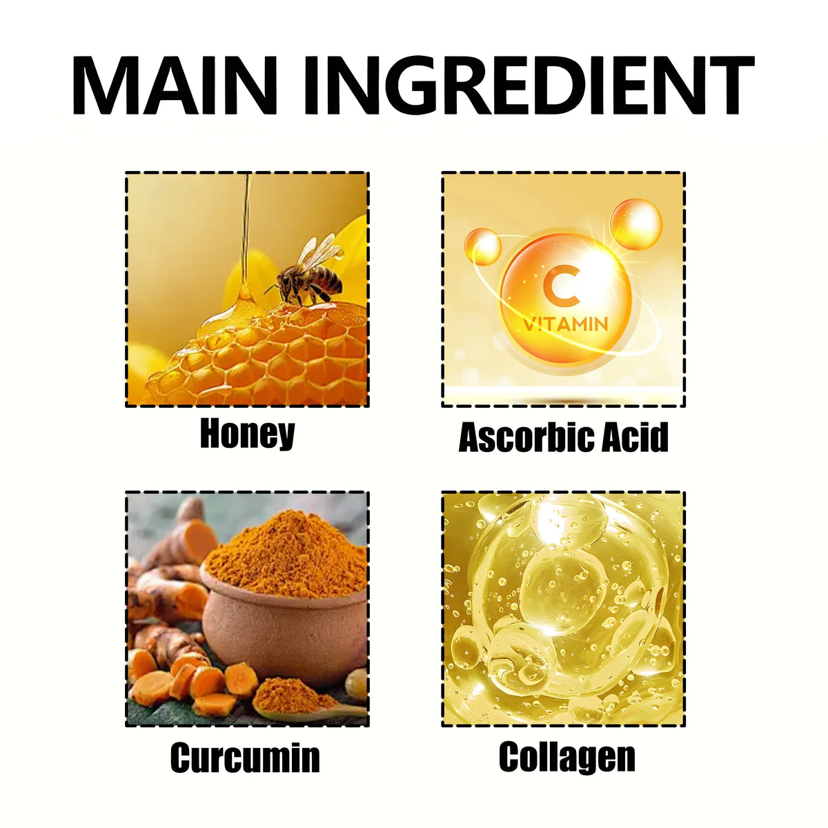 Collagen hand and foot cream ingredients panel: honey, ascorbic acid, curcumin, collagen on Tampa Home & Garden Store