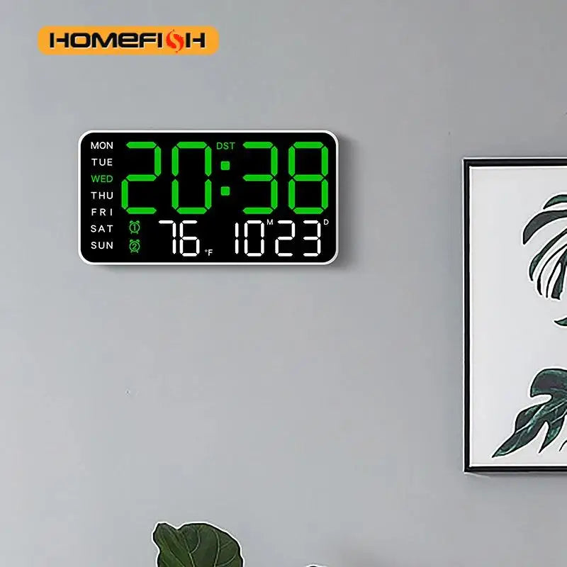 Giant digital wall clock with green LED time, date and temperature display on Tampa Home & Garden Store