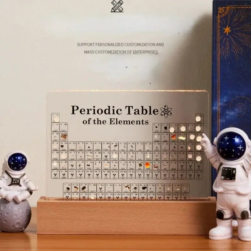 Acrylic Periodic Table figurine with Mendeleev decor on a wooden base, flanked by two astronauts on Tampa Home & Garden Store