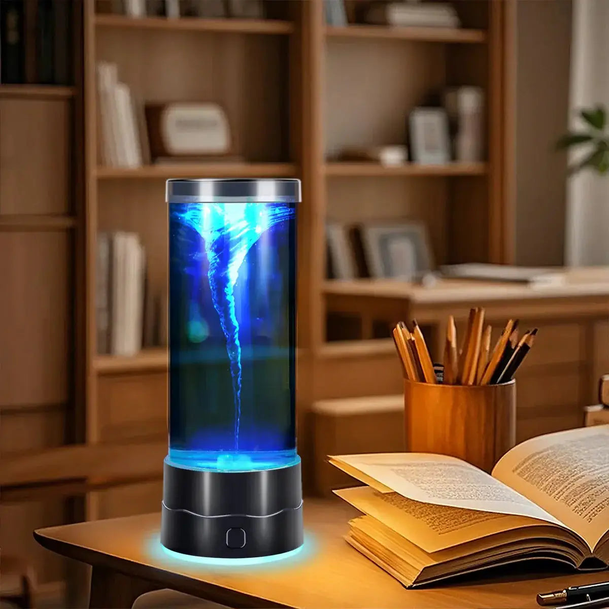 LED Tornado Night Light USB Multi-Color Lamp with blue swirling tornado, black base on desk on Tampa Home & Garden Store