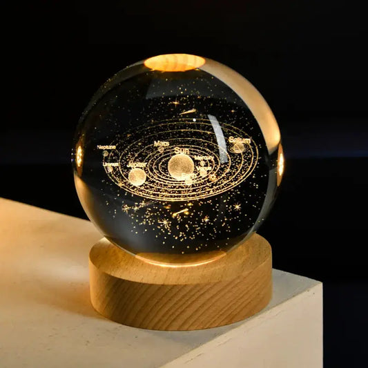 Crystal Ball Night Light USB Laser-Engraved Lamp Moktan Sabai with wooden base on Tampa Home & Garden Store