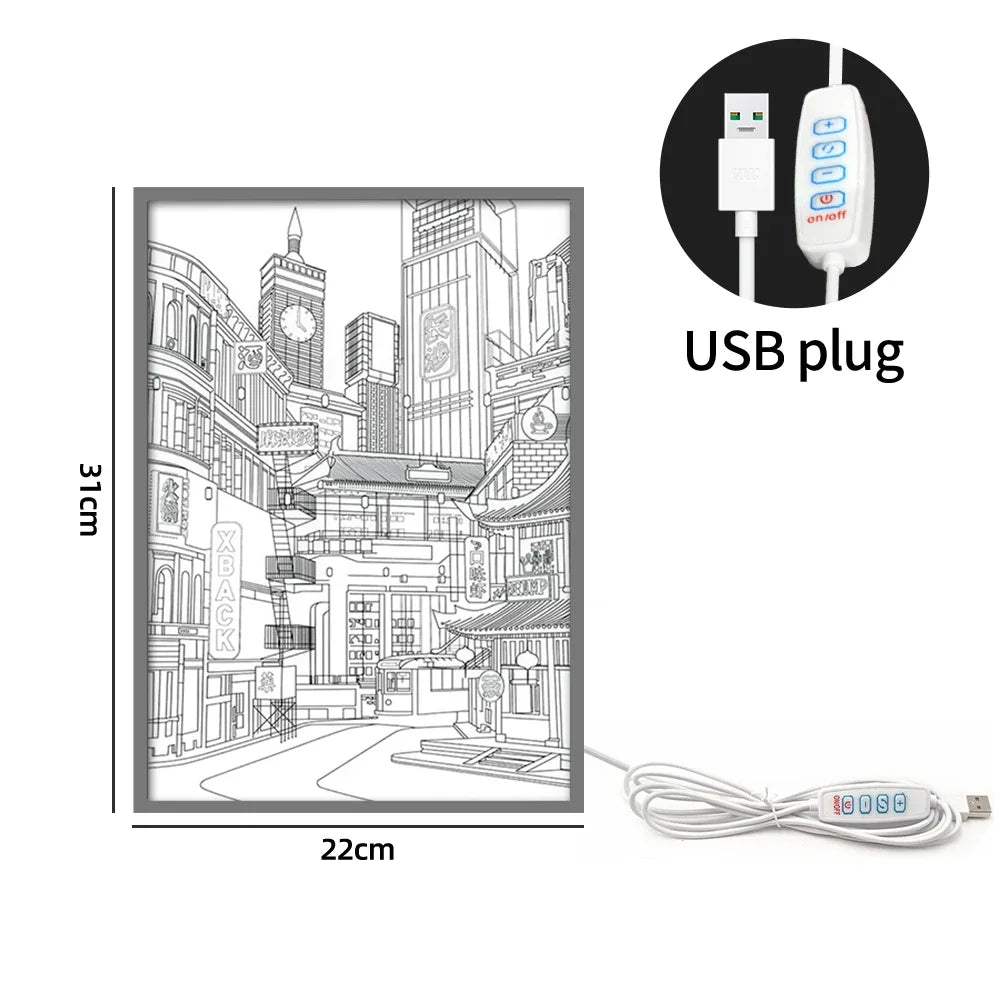 Moktan Sabai LED Cityscape Night View USB Wall Art Lamp, framed cityscape, dimmable light on Tampa Home & Garden Store
