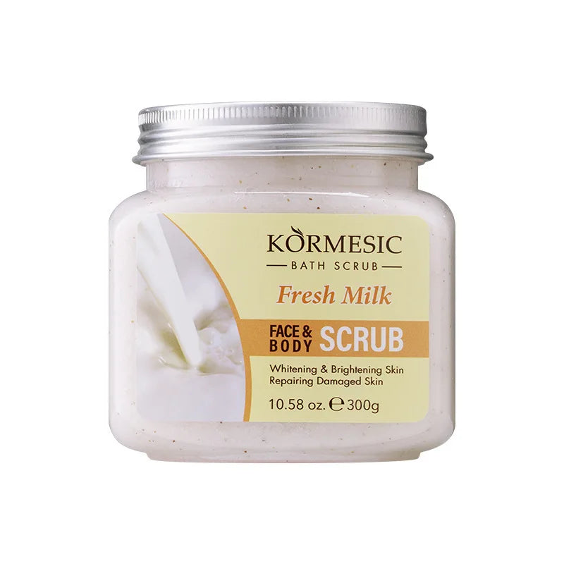KORMESIC Fresh Milk Face & Body Scrub jar with yellow label creamy texture on Tampa Home & Garden Store