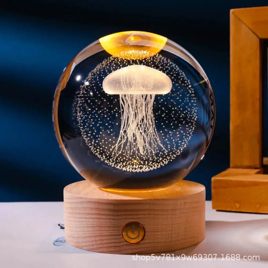 3D Axolotl Crystal Ball Night Light on wooden base with amber LED glow on Tampa Home & Garden Store