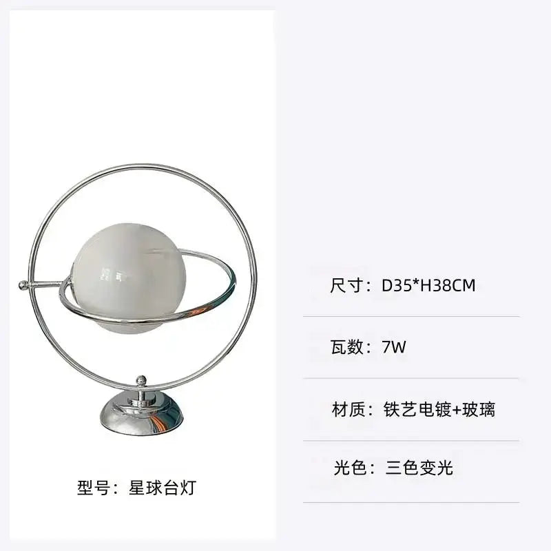 Minimalist Planet Desk Lamp with moon glass shade, chrome ring frame and base by Moktan Sabai on Tampa Home & Garden Store
