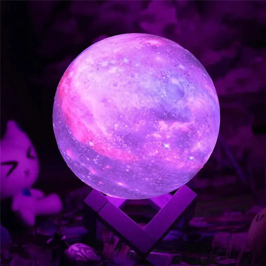 3D Moon Lamp LED Night Light with 16 color modes in purple glow on V-shaped stand on Tampa Home & Garden Store