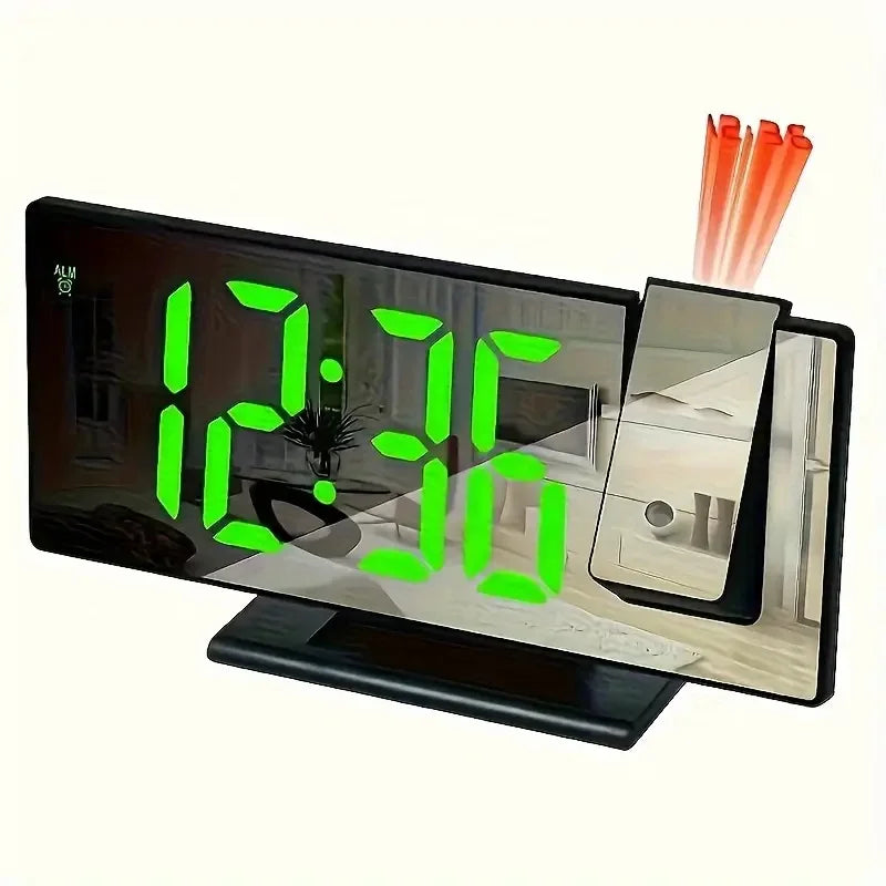 Projection alarm clock with large digital screen, black glossy finish and green LED digits on Tampa Home & Garden Store