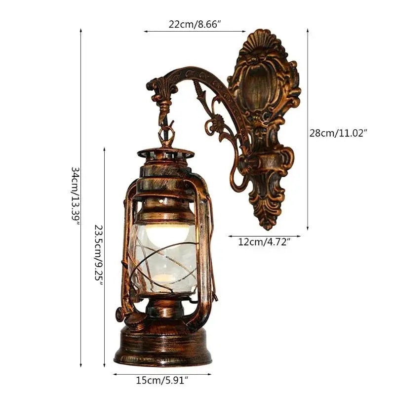Retro kerosene wall lamp antique bronze iron lantern with glass enclosure and ornate wall mount on Tampa Home & Garden Store