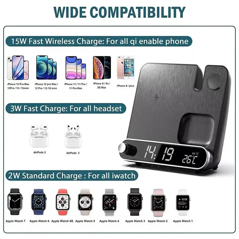3-in-1 Wireless Charging Station with Alarm Clock Fast Charger for iPhone & Watch - Tampa Home & Garden Store