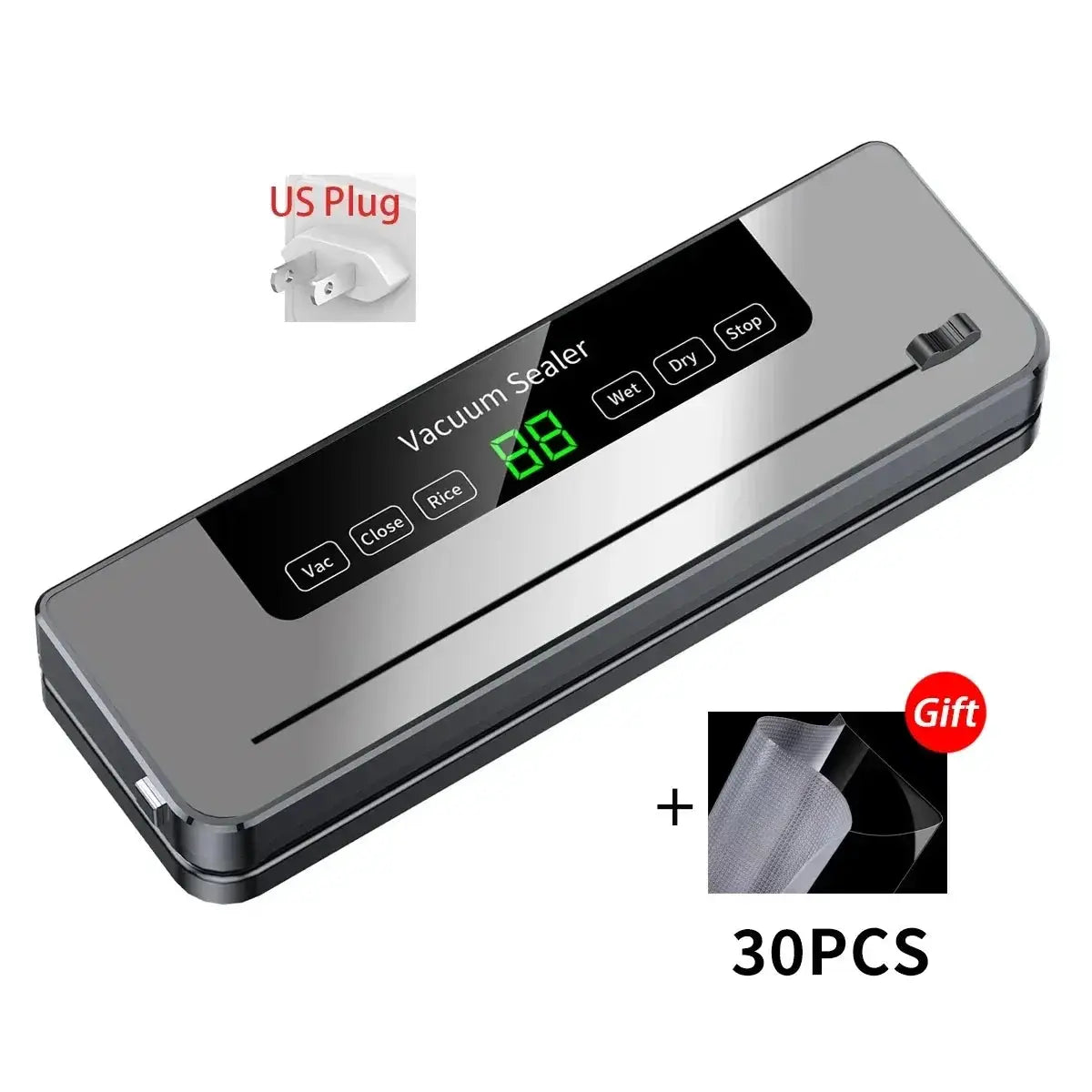 Vacuum sealer with UV and Wet/Dry modes, gray body, 30pcs bag rolls included on Tampa Home & Garden Store