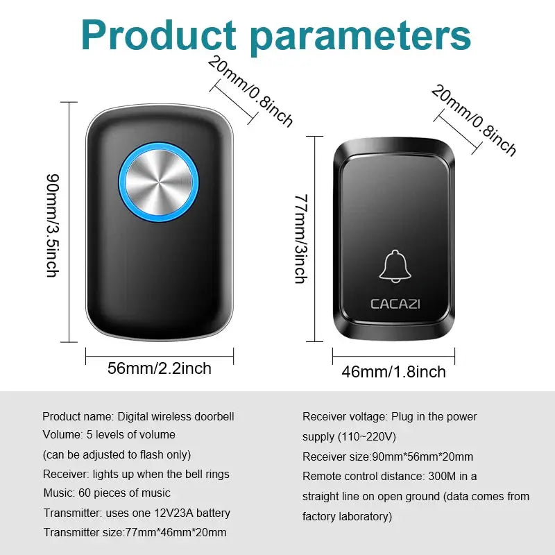 Wireless smart doorbell 2 devices: black transmitter and CACAZI receiver 300m range, 60 melodies on Tampa Home & Garden Store