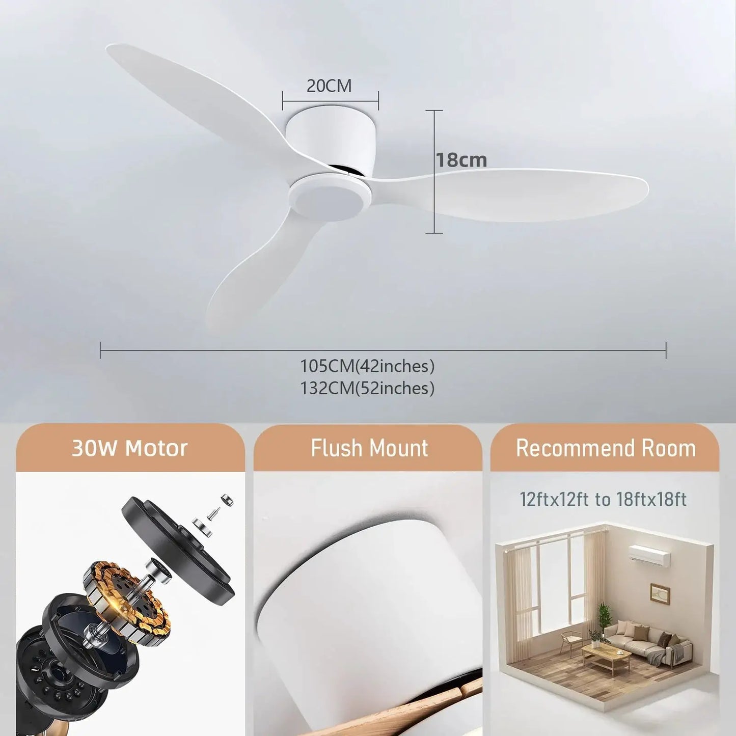 42/52 in ceiling fan Moktan Sabai with DC motor and remote, white three-blade design on Tampa Home & Garden Store